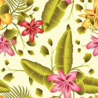 grön ljus banan lövverk sömlös mönster med tropisk handflatan löv och rosa hibiskus blomma växt på beige bakgrund. exotisk sommar. färgrik snygg. blommig bakgrund. natur tapet vektor