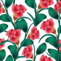 rotes, modisches, nahtloses tropisches Blumenmuster mit grünen Pflanzen und Blättern. schöne exotische Pflanzen. trendiger Sommer-Hawaii-Print. bunte stilvolle blumen. Blumenhintergrund. Naturtapete vektor