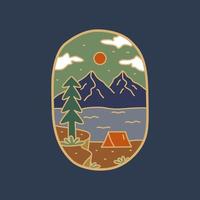 Camping in der Nähe von See und Berg für Natur-Abzeichen-Patch-Emblem-Grafik-Vektorkunst-T-Shirt-Design vektor