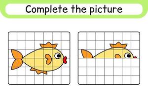 Vervollständigen Sie das Bild Fisch. Kopieren Sie das Bild und die Farbe. beende das Bild. Malbuch. pädagogisches Zeichenübungsspiel für Kinder vektor