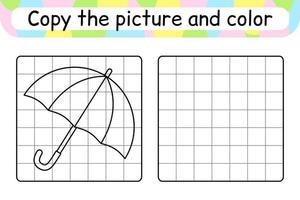 Kopieren Sie das Bild und färben Sie den Regenschirm. runden das Bild ab. fertig das Bild. Malbuch. pädagogisches Zeichenübungsspiel für Kinder vektor