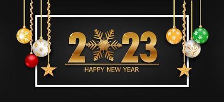 Lycklig ny år guld och svart färger plats för text med jul bollar 2023 av vektor illustration.