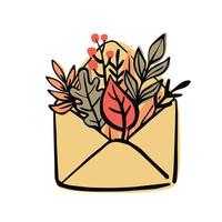 kuvert med höst löv och kvistar inuti. hand dragen vektor illustration för klistermärken, ikoner, vykort.