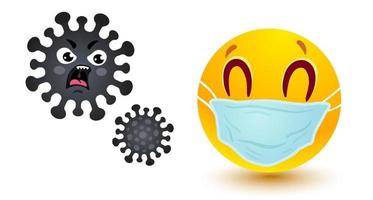 leende i medicinsk mask och arg coronavirus vektor