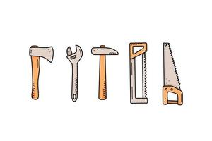 yxa hammare såg skiftnyckel, doodle ikoner av trädgård eller konstruktion handverktyg. vektor illustration