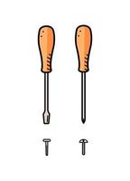 Schraubendreher und Schrauben, eine Reihe von Doodle-Bauwerkzeugen, Vektorillustration auf Weiß vektor