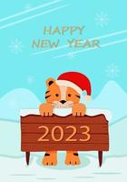 söt tiger i en santa hatt. rolig tecknad serie tiger vektor illustration. hälsning kort begrepp Lycklig ny år och jul