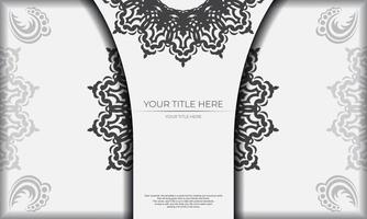 vit mall baner med svart ornament och plats under de text. mall för design tryckbar inbjudan kort med mandala mönster. vektor