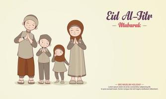 glückliche muslimische familie grüßt und feiert eid mubarak.vektordesign, illustration vektor