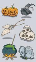 halloween firande uppsättning, pumpa, häxa hatt, häxans kvastskaft, skalle, ugn, gravsten vektor