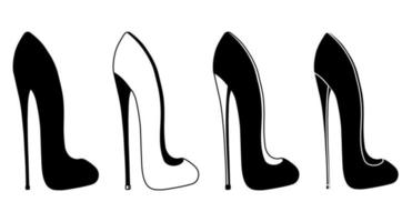 Satz Umrisse Schwarz-Weiß-Silhouette von Damenschuhen mit Absätzen, Stilettos. Damenschuhmodell. Zubehörteil. vektor