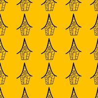 Nahtloses Vektormuster von Konturhäusern im Stil von Doodle auf gelbem Hintergrund. vektor