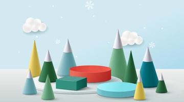 podium für show produkt display.winter weihnachten dekorativ auf blauem hintergrund mit baum weihnachten. 3D-Vektor vektor