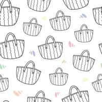 Nahtloses Muster mit handgezeichneten umrissenen Strandtaschen und bunten kleinen Formen im Doodle-Stil, Vektorillustration auf weißem Hintergrund. design für verpackung und verpackung vektor