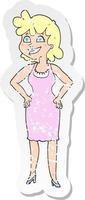 Retro-Distressed-Aufkleber einer Cartoon-glücklichen Frau, die ein Kleid trägt vektor