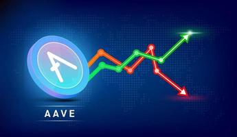 aave mynt blå. kryptovaluta tecken symbol med stock marknadsföra investering handel Graf grön och röd. mynt ikon på mörk bakgrund. ekonomisk trender företag begrepp. 3d vektor illustration.