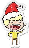 beunruhigter Aufkleber-Cartoon eines lachenden Mannes mit Weihnachtsmütze vektor