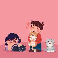 Mädchen und Junge mit Katzen vektor