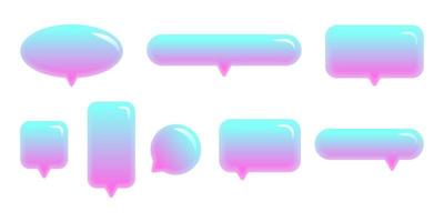 satz von 3d sprechen blasentext, chatbox, nachrichtenbox realistisches vektorneonrosa und blaues holografisches illustrationsdesign. ballon 3d-stil des denkens zeichen symbol. auf dem weißen Hintergrund vektor
