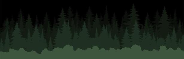 Vektor Berge Wald Hintergrundtextur, Silhouette von Nadelwald, Vektor. Nachtbäume, Fichte, Tanne. horizontale Landschaft geschichtet.