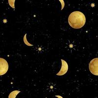 sömlös gyllene Plats mönster med stjärnor och måne faser på en svart bakgrund för tarot, astrologi, tapet, fall för telefon. magi kosmisk himmel, abstrakt esoterisk prydnad. vektor illustration.