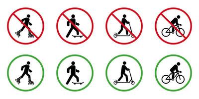 Vorsicht verbieten Rollschuh-Skateboard-Fahrrad-Tretroller-Piktogramm-Set. kein Öko-Transportzeichen für Räder zulassen. Genehmigung Rollschuh Board Fahrrad Tretroller grünes Symbol. isolierte Vektorillustration. vektor