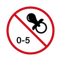 Nippelzeichen nicht zulassen. verbieten nicht kindgerecht. Baby fünf Jahre Piktogramm verbieten. Verbot Schnuller Kind unter 5 Jahren schwarze Silhouette Symbol. gefahr spielzeug sauger stoppsymbol. isolierte vektorillustration. vektor