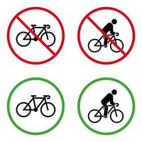 Mann auf Fahrrad verbotenes Piktogramm. grünes Kreissymbol für Radfahrer. Kein erlaubtes Fahrradschild. Verbotszone Person Antriebszyklus schwarze Silhouette Symbolsatz. Radrennen verboten. isolierte vektorillustration. vektor