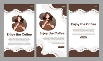 redigerbar social media berättelser mall med illustration av kvinna njuter kaffe vektor