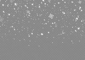 Schnee und Wind. Vektor starker Schneefall, Schneeflocken in verschiedenen Formen und Formen. viele weiße kalte flockenelemente. weiße Schneeflocken fliegen in der Luft. Schnee Hintergrund.