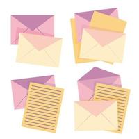 uppsättning av rosa och gul kuvert med ark av papper vektor