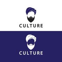 Turban-Schnurrbart Indien indische Logo-Design-Vektorillustration. Logo eines männlichen Gesichts mit Bart und Hut, typisch für das traditionelle indische Land. vektor