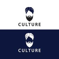 Turban-Schnurrbart Indien indische Logo-Design-Vektorillustration. Logo eines männlichen Gesichts mit Bart und Hut, typisch für das traditionelle indische Land. vektor