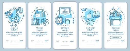 sekundärsektor der wirtschaft beim onboarding des mobilen app-seitenbildschirms mit linearen konzepten. fortschrittliche Industrie. Fünf Walkthrough-Schritte mit grafischen Anweisungen. ux, ui, gui-vektorvorlage mit illustrationen vektor