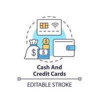 Konzeptsymbol für Bargeld und Kreditkarten. Packen für die Evakuierung. Notfallvorsorge abstrakte Idee dünne Linie Illustration. isolierte Umrisszeichnung. editierbarer Strich. vektor