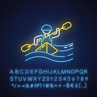 Kajakpaddling neon ljus ikon. paddla kanot vattensport, extrem snäll av sport. riskabel och äventyrlig fritid på båt med pöl. lysande tecken med alfabet, tal och symboler. vektor isolerat illustration