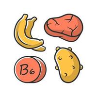 Farbsymbol für Vitamin B6. Fleisch, Banane und Kartoffel. gesundes Essen. Pyridoxin natürliche Nahrungsquelle. richtige Ernährung. Mineralien, Antioxidantien. isolierte Vektorillustration vektor