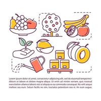 frukt produktion artikel sida vektor mall. hortikultur fruktträdgård. broschyr, tidskrift, häfte design element med linjär ikoner och text lådor. skriva ut design. begrepp illustrationer med text Plats