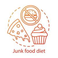 ungesunde Ernährung, Junk-Food-Diät-Konzept-Symbol. gesunde lebensweise idee dünne linie illustration. Verzicht auf Fastfood und Süßigkeiten. leckerer Cupcake, Pizza und Burger-Vektor isolierte Umrisszeichnung vektor