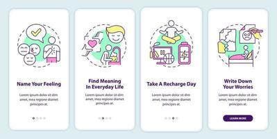 verbesserung der psychischen gesundheit beim onboarding des mobilen app-bildschirms. Psychotherapie Komplettlösung 4 Schritte grafische Anleitungsseiten mit linearen Konzepten. ui, ux, gui-Vorlage. vektor