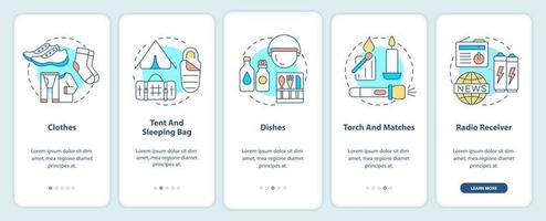 saker till sätta i efterlevande ryggsäck onboarding mobil app skärm. objekt genomgång 5 steg grafisk instruktioner sidor med linjär begrepp. ui, ux, gui mall. vektor