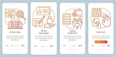 Camp-Buchung beim Onboarding der mobilen App-Seitenbildschirm-Vektorvorlage. kinderurlaub ferienreservierung. Walkthrough-Website-Schritte mit linearen Illustrationen. ux, ui, gui smartphone-schnittstellenkonzept vektor