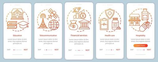 regierung, öffentliche industrie beim onboarding der mobilen app-seitenbildschirm-vektorvorlage. Informationsdienste. Walkthrough-Website-Schritte mit linearen Illustrationen. ux, ui, gui smartphone-schnittstellenkonzept vektor