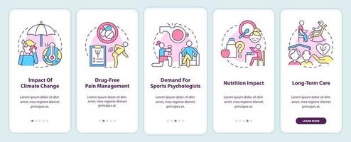 Trends in Psychologie und psychischer Gesundheit beim Onboarding auf dem Bildschirm der mobilen App. Komplettlösung 5 Schritte grafische Anleitungsseiten mit linearen Konzepten. ui, ux, gui-Vorlage. vektor