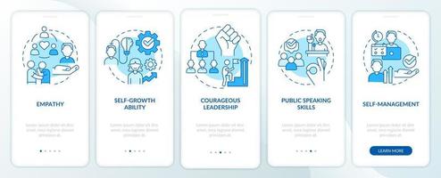 gefragte soft skills blauer onboarding-bildschirm der mobilen app. Leadership Walkthrough 5 Schritte grafische Anleitungsseiten mit linearen Konzepten. ui, ux, gui-Vorlage. vektor