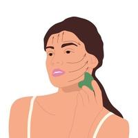 frau, die gua sha verwendet und gesichtshaut mit auf ihrem gesicht massiert. Selbstbehandlung mit Quarzmassagegerät. Vektor-Illustration vektor