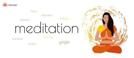 Vektorbanner mit einer meditierenden Frau. Eine indische Frau macht Yoga und meditiert in der Lotus-Pose. kein Stress, Achtsamkeit, innere Balance. horizontales Banner für Webs vektor