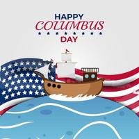 glücklicher columbus-tagesgruß mit segelboot-amerikanischer flagge und illustration des ozeans vektor