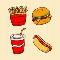 satz von fast-food-karikatur, burger, hotdog, pommes frites, alkoholfreie getränkeillustration