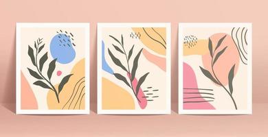 Wandkunstset mit abstrakten natürlichen, botanischen Postern. Blattstrichkunstzeichnung mit abstrakter Form. abstraktes Pflanzenkunstdesign für Druck, Cover, Tapete, minimalen und natürlichen Wandkunsthintergrund. vektor